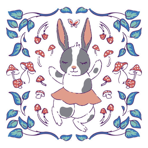 Bunny in a dress with flowers and mushrooms PNG Design