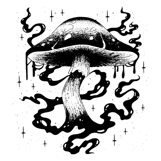 Imagen en blanco y negro de un hongo en la oscuridad. Diseño PNG
