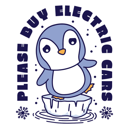 Pingüino de dibujos animados sentado encima de un cubo de hielo que dice comprar autos eléctricos Diseño PNG