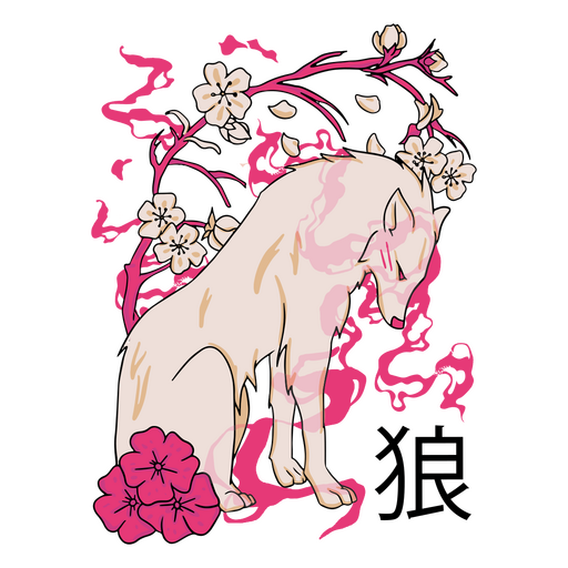 Lobo blanco con flores rosas. Diseño PNG
