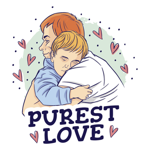 Homem e uma criança se abraçando com as palavras puro amor Desenho PNG