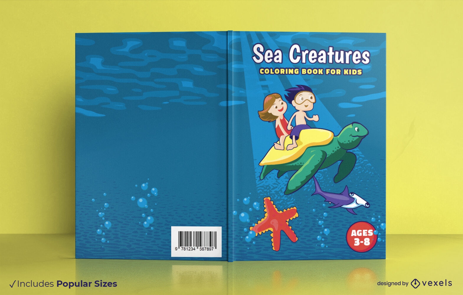 Crianças nadando com design de capa de livro de tartaruga