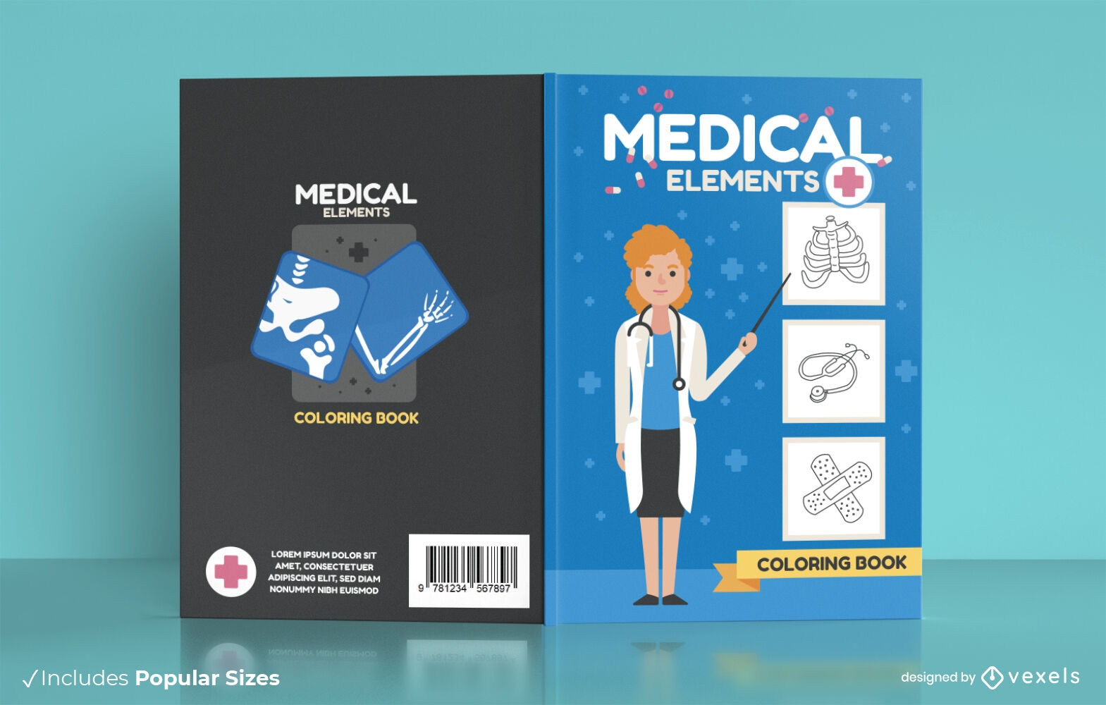 Diseño de portada de libro para colorear de elementos médicos