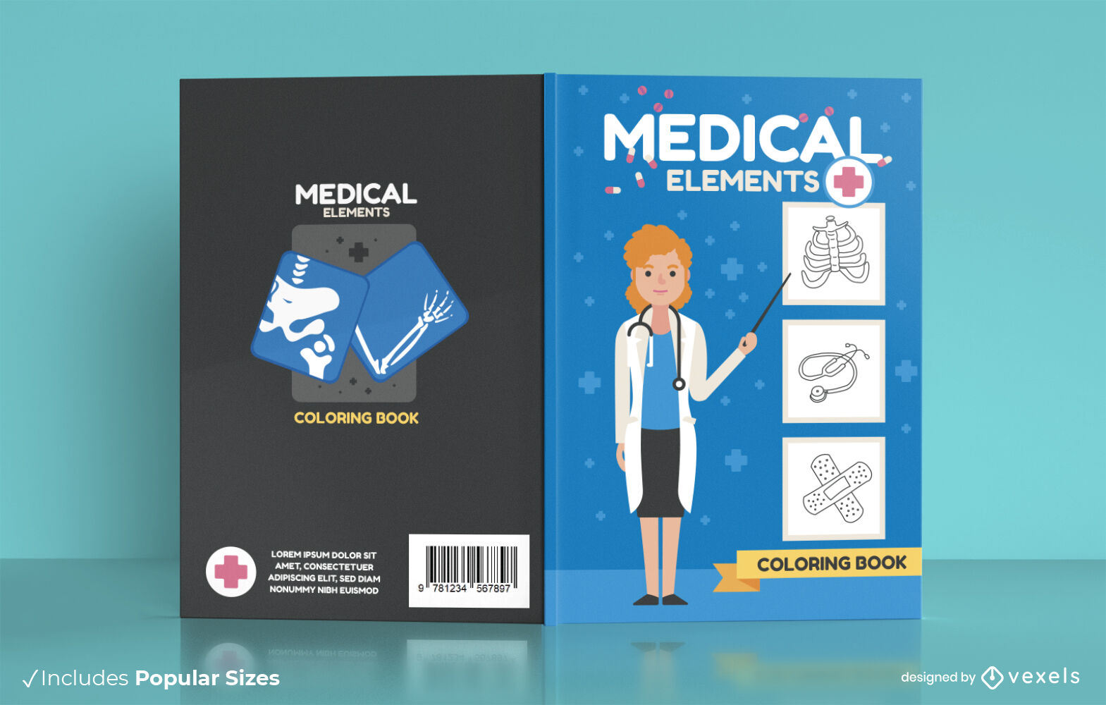 Elementos médicos para colorir design de capa de livro