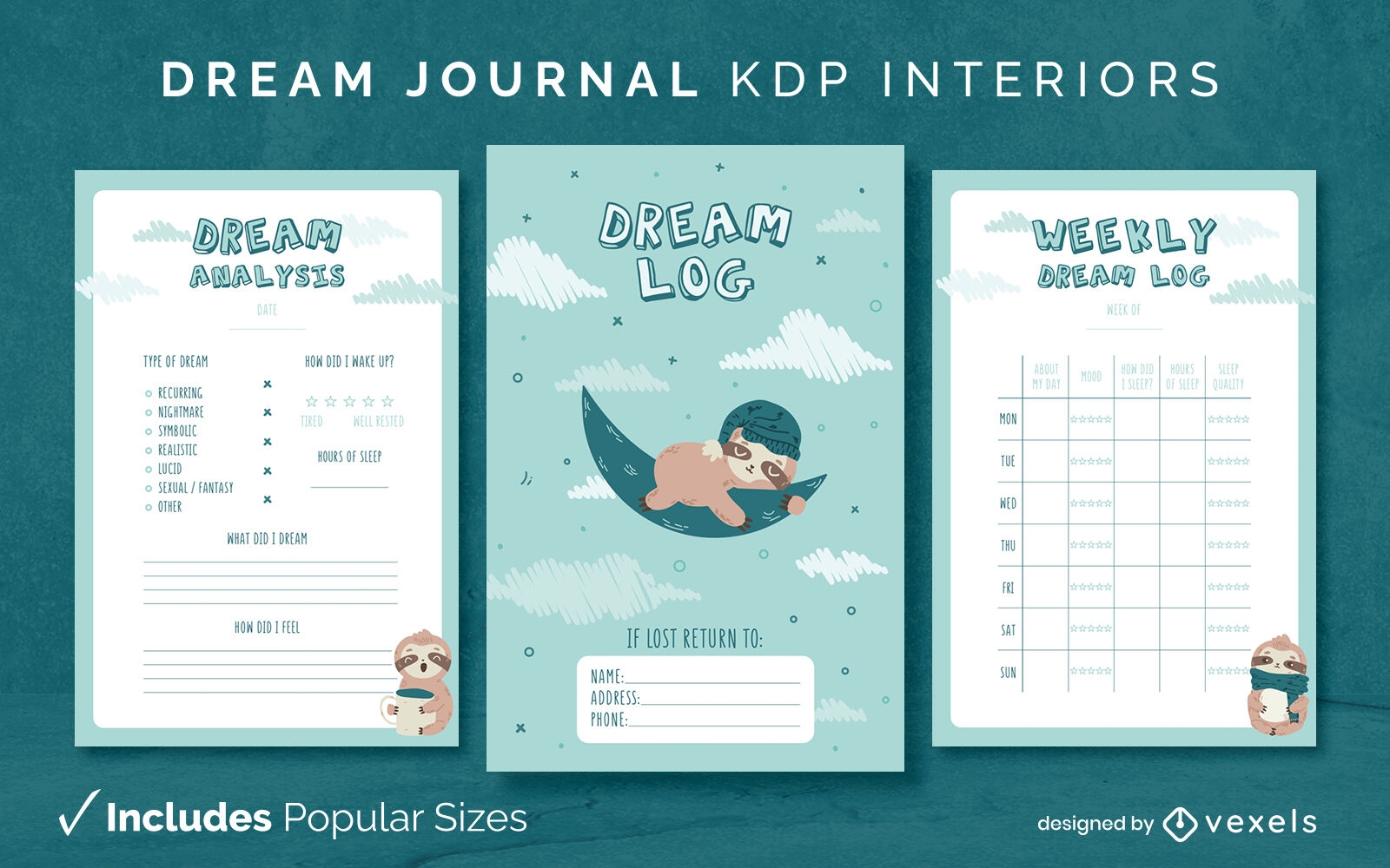 Sloth dream Journal Design Template KDP