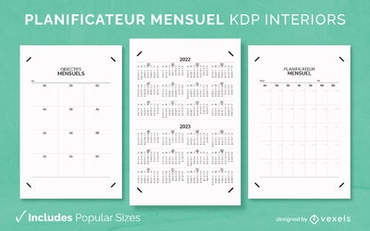 Plantilla de diario de planificador mensual francés KDP diseño de interiores