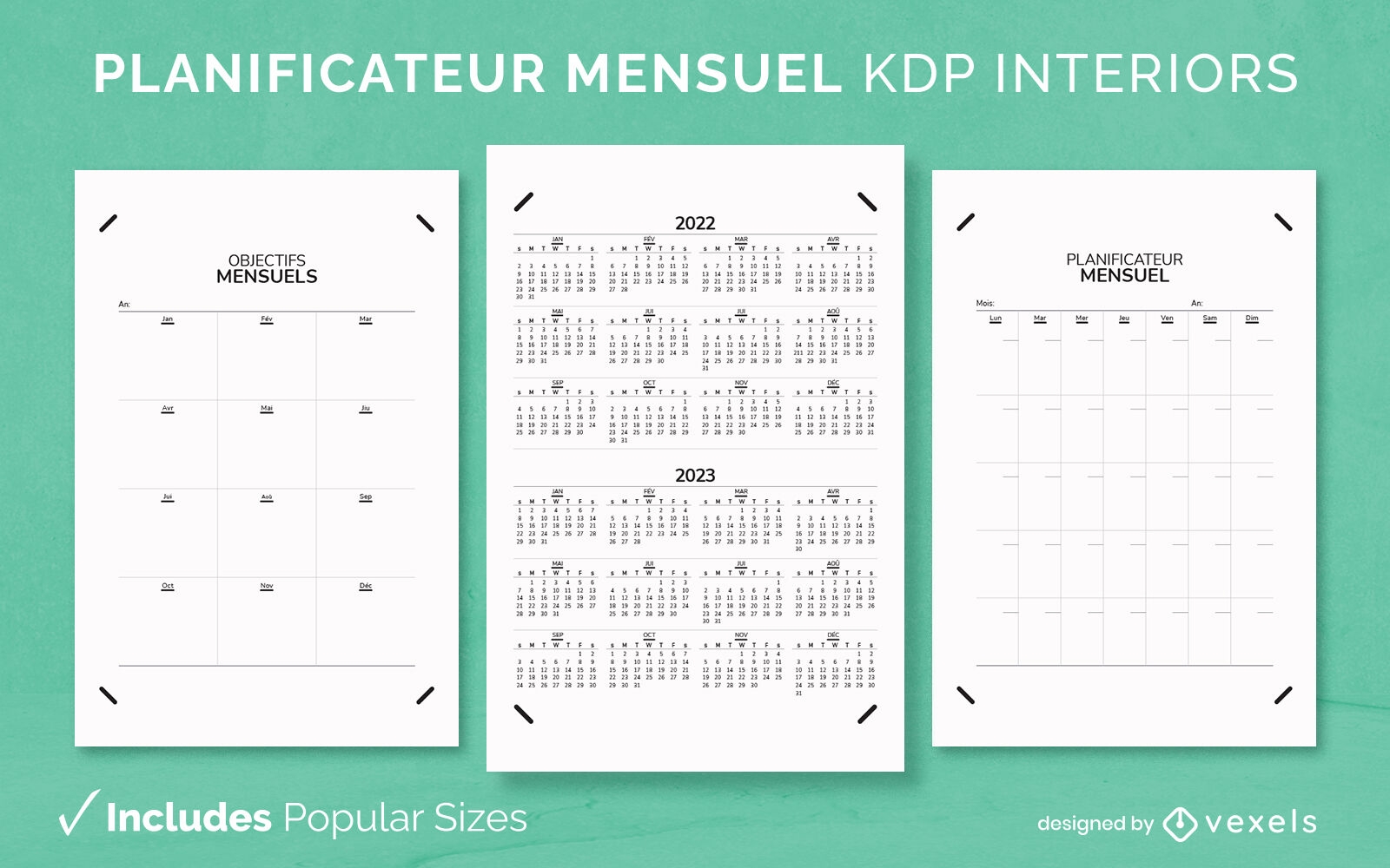 Modelo de diário de planejador mensal francês KDP design de interiores