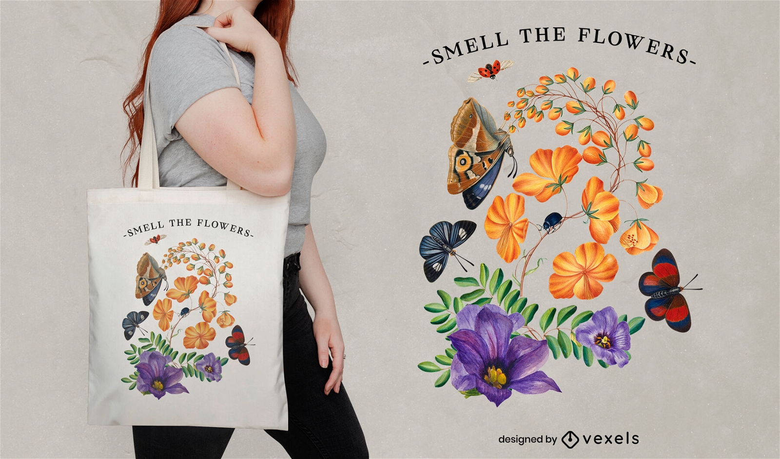Huele el diseño de la bolsa de asas de flores.