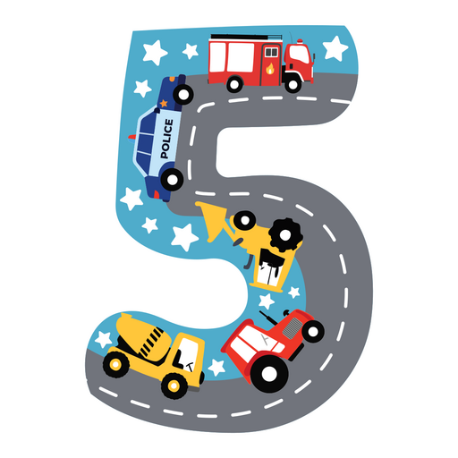 El número cinco tiene forma de camión y de coche. Diseño PNG