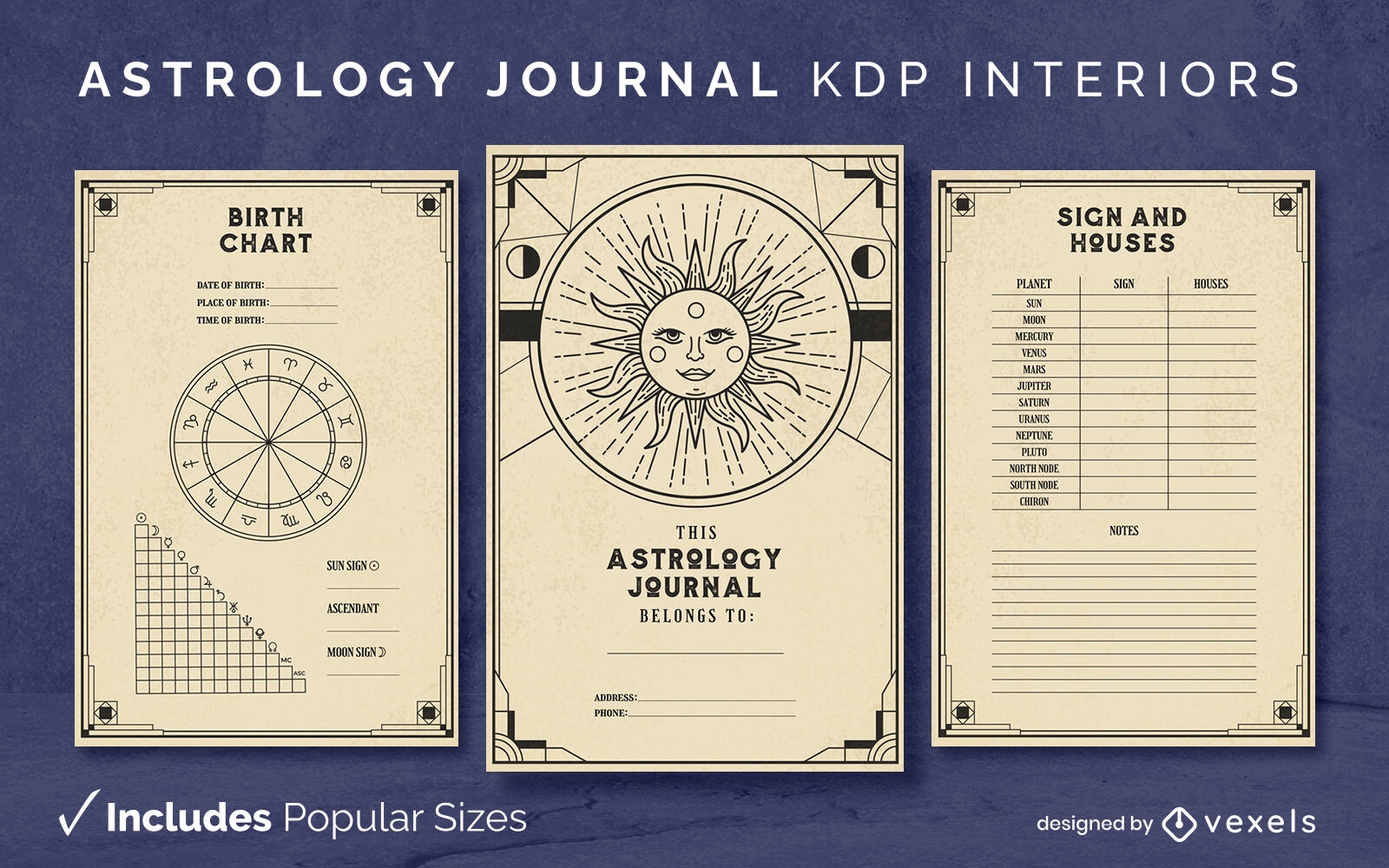 Plantilla de diseño de diario de sol de astrología KDP