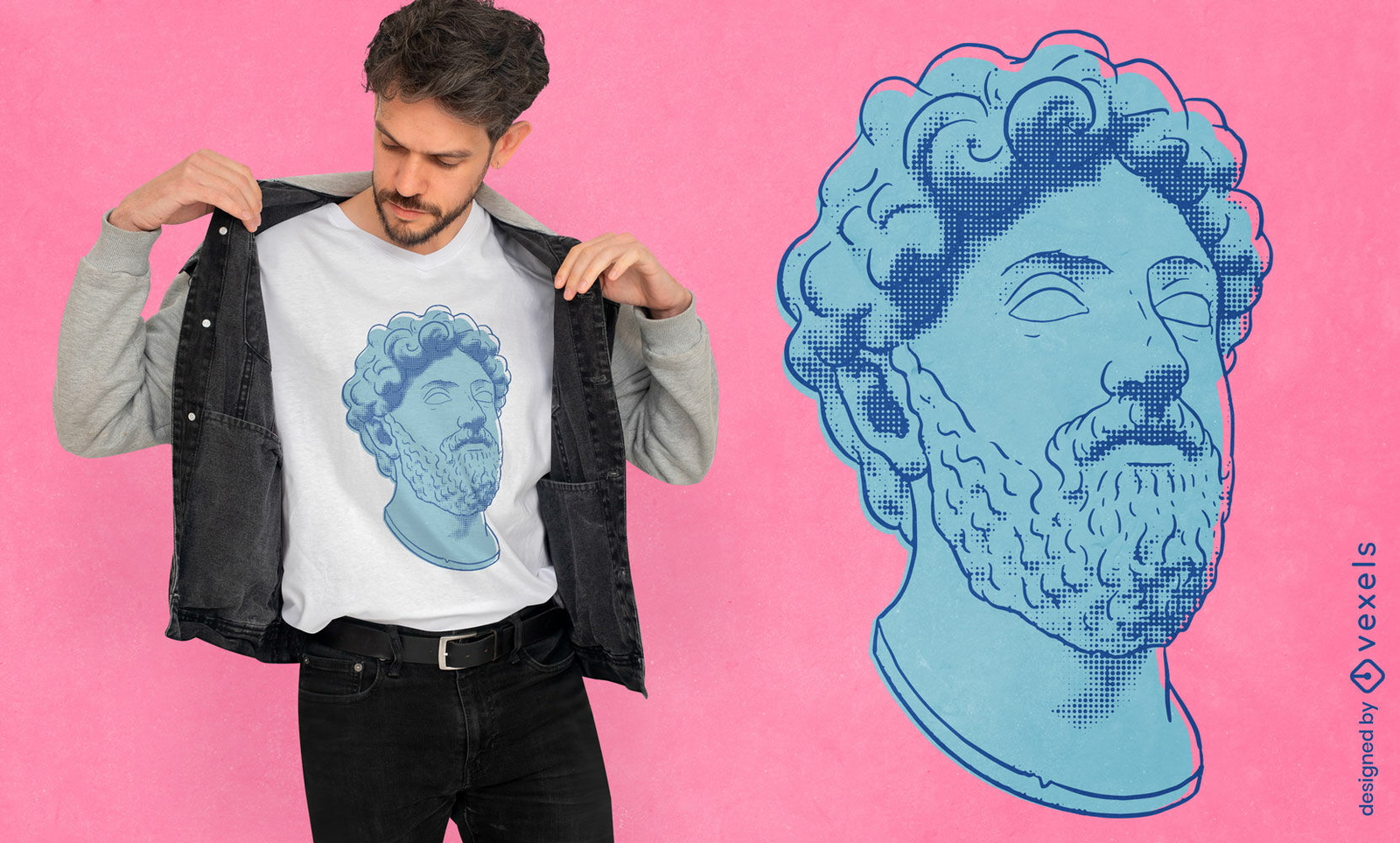 Diseño de camiseta con cabeza de estatua de Marco Aurelio.