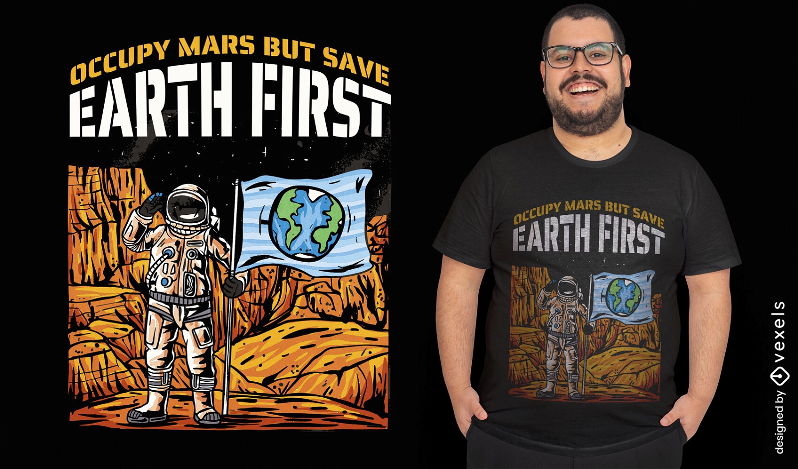 Astronauta en el diseño de camiseta espacial del planeta Marte