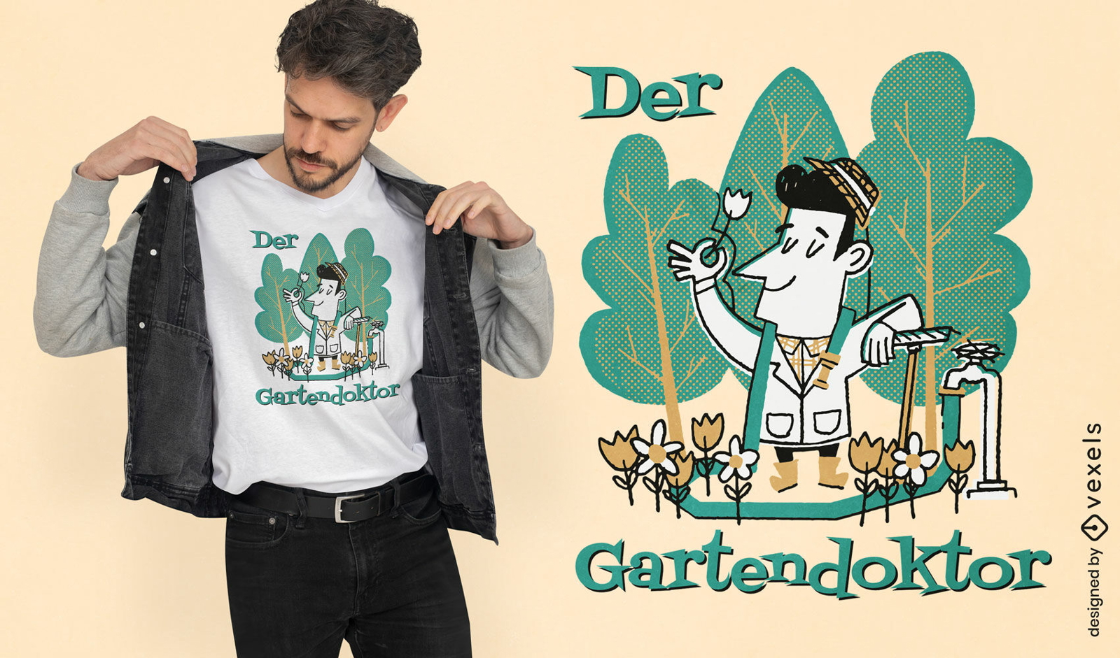 Gärtner mit Blumen-Cartoon-T-Shirt-Design