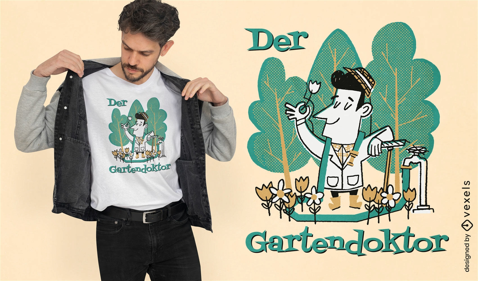 Gardener with flowers cartoon t-shirt design