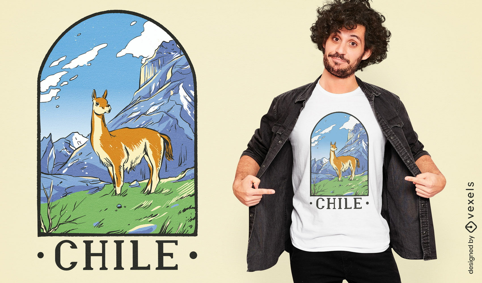 Llama en diseño de camiseta de paisaje de montaña.