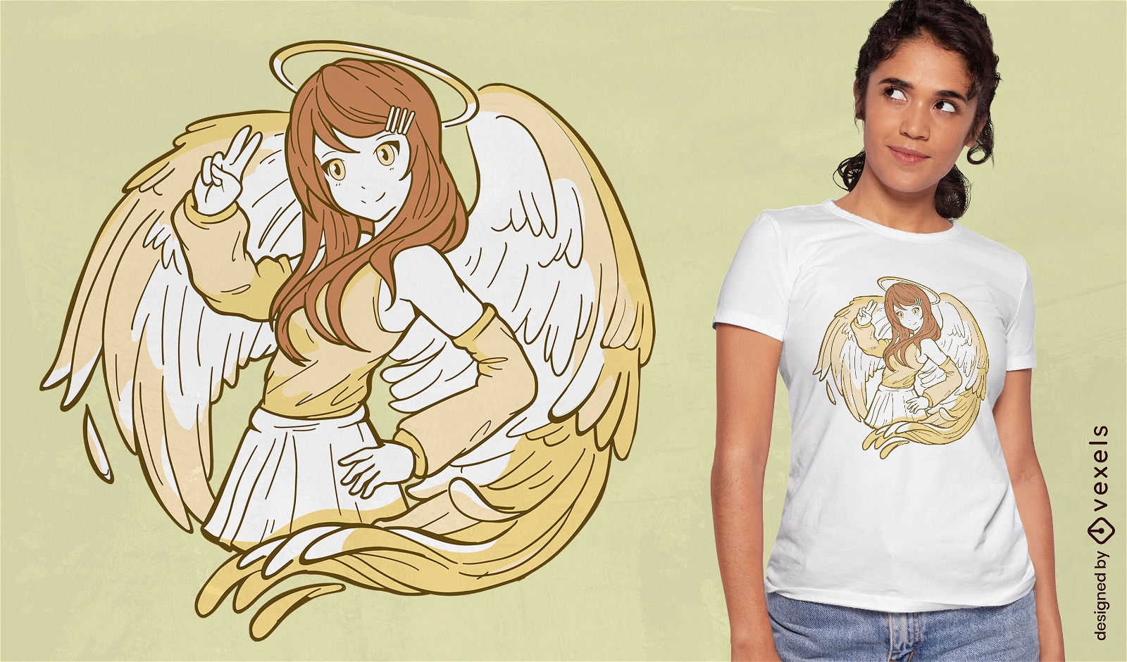 Diseño de camiseta de personaje de ángel de anime.