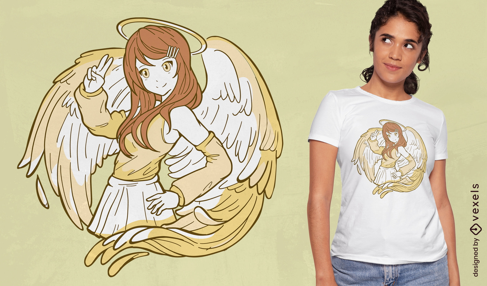 Diseño de camiseta de personaje de ángel de anime.