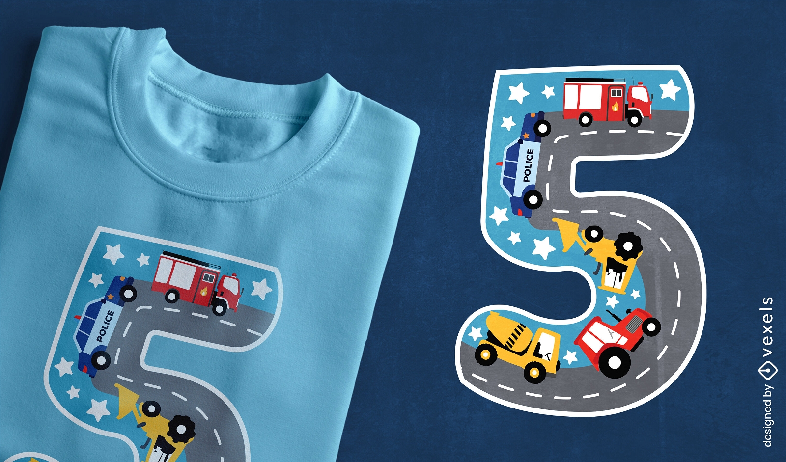 Diseño de camiseta de autos y camiones en la carretera.