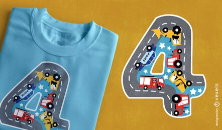 Camiones y autos en el cuarto diseño de camiseta de carretera.