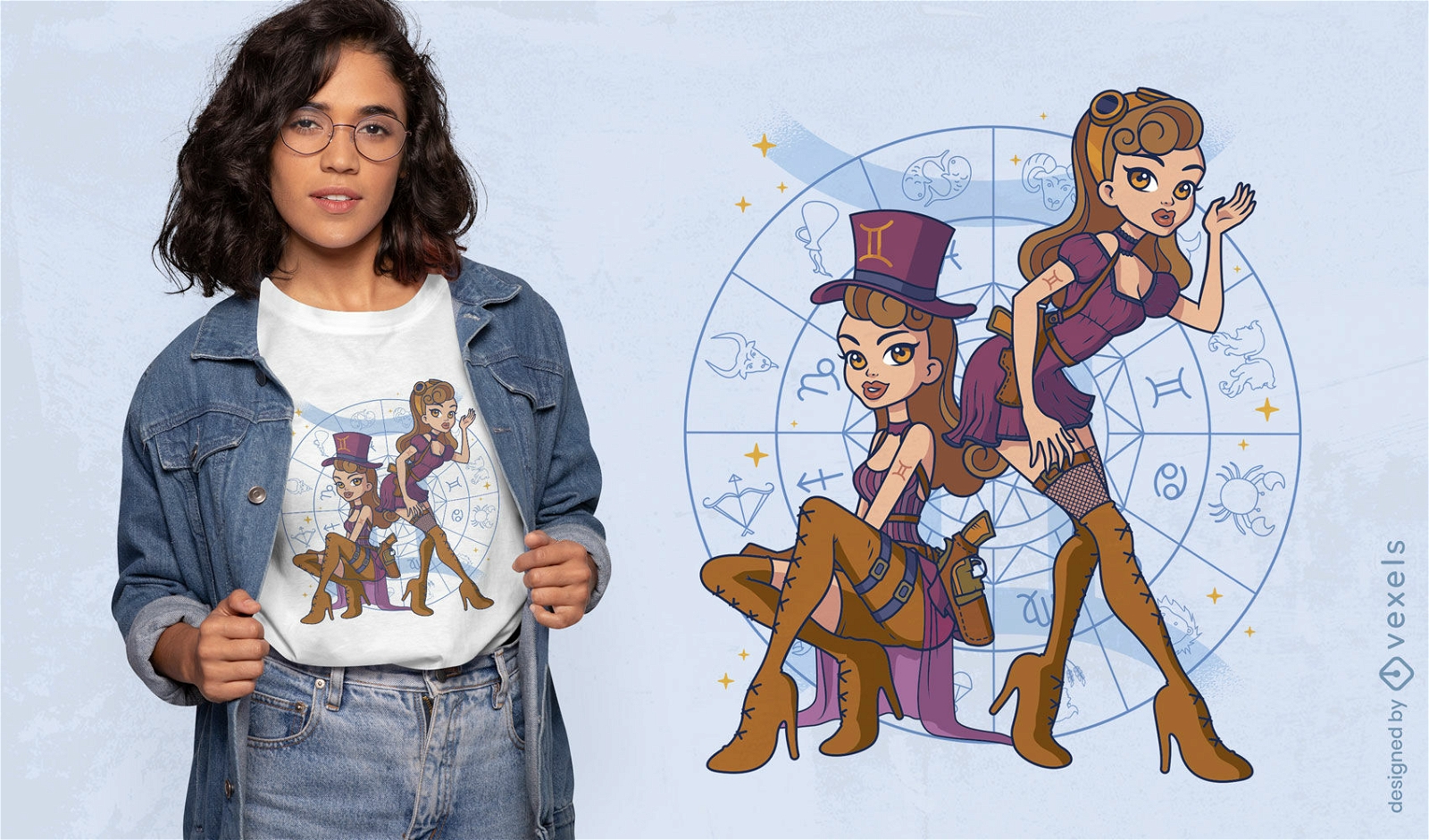 Design de camiseta para meninas steampunk do zodíaco de Gêmeos