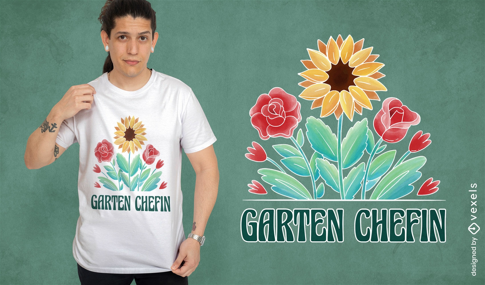 Diseño de camiseta de jardín de girasoles y rosas.