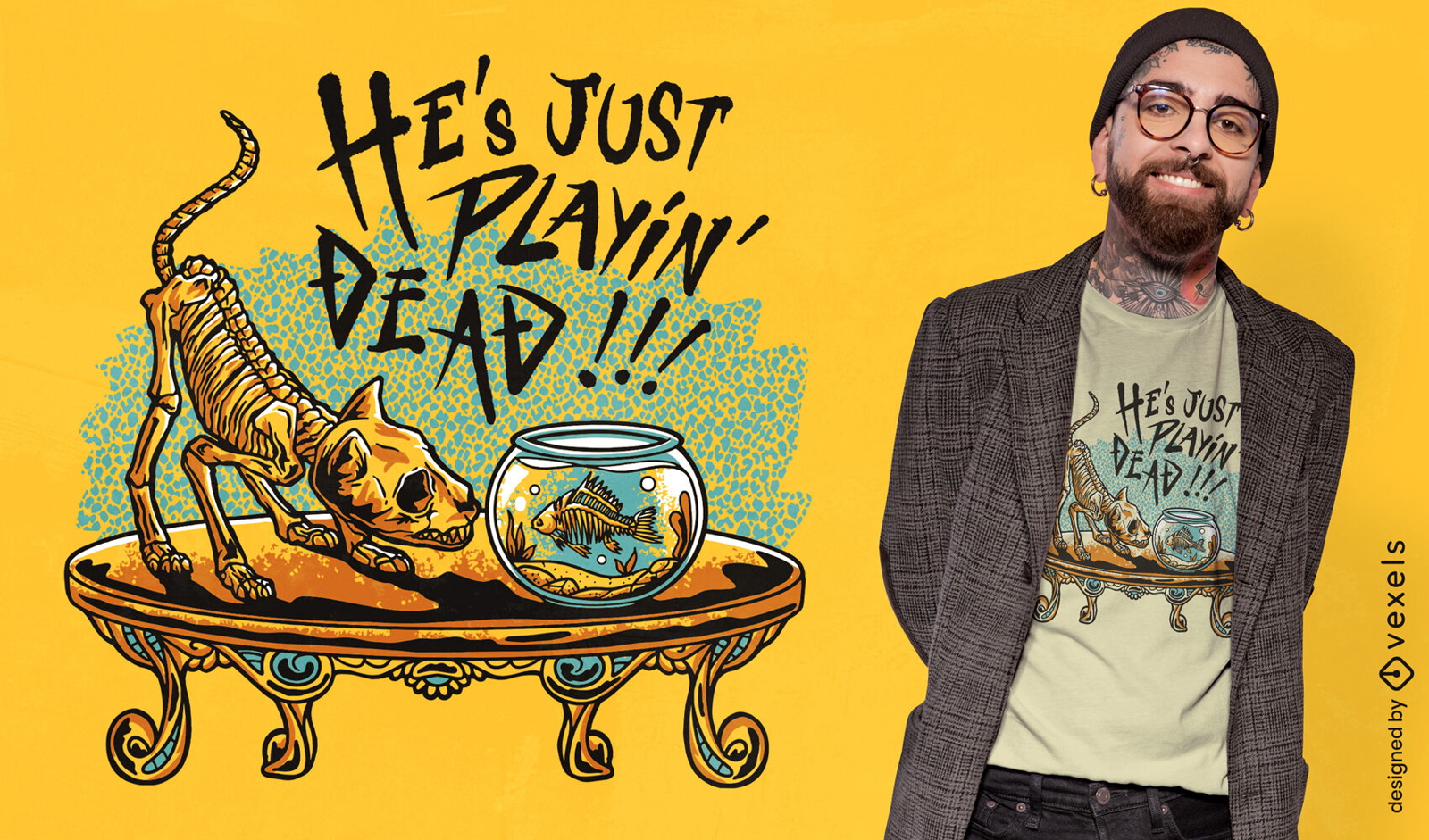 Diseño de camiseta divertida de gato muerto y pez