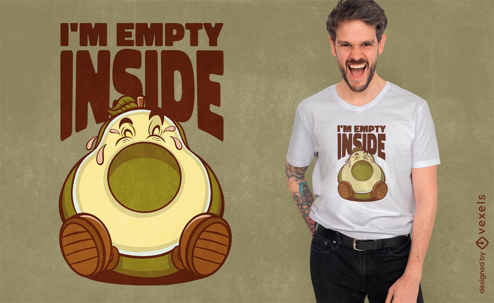 Design de t-shirt de desenho animado de comida de abacate triste