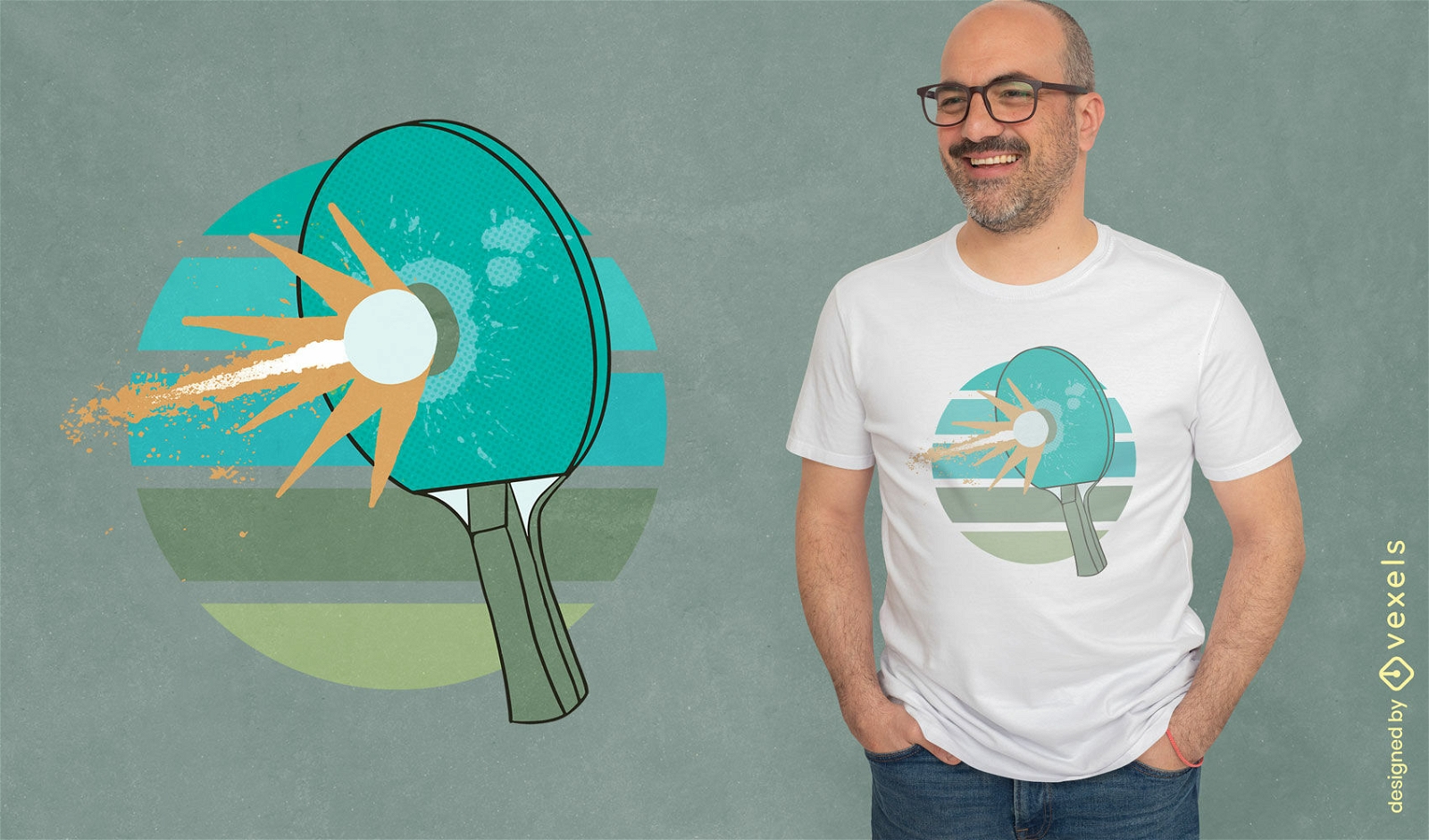 Diseño de camiseta de ping pong paddle y ball sport.