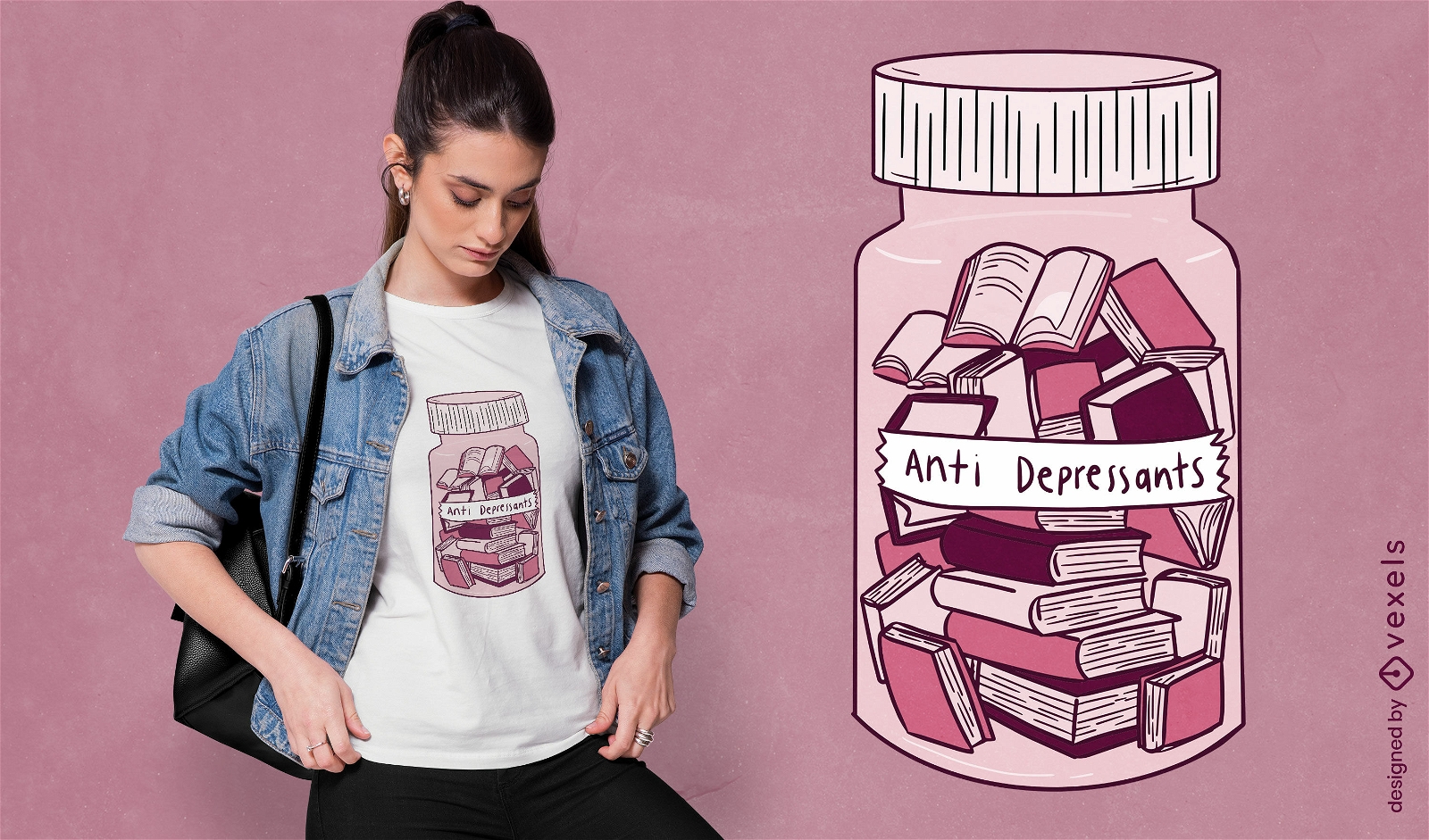 Diseño de camiseta de tarro de antidepresivos de libros.
