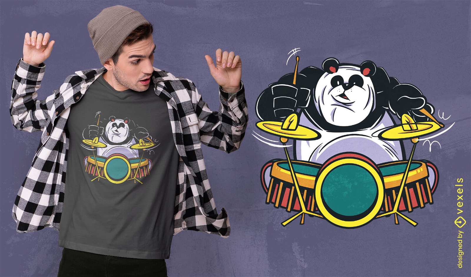 Diseño de camiseta de panda tocando la batería.