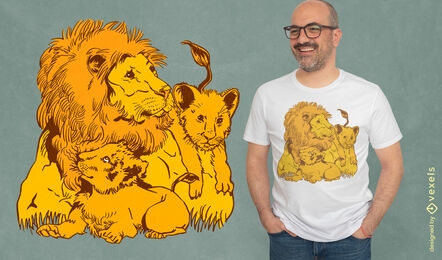 Diseño de camiseta de papá y bebés león.