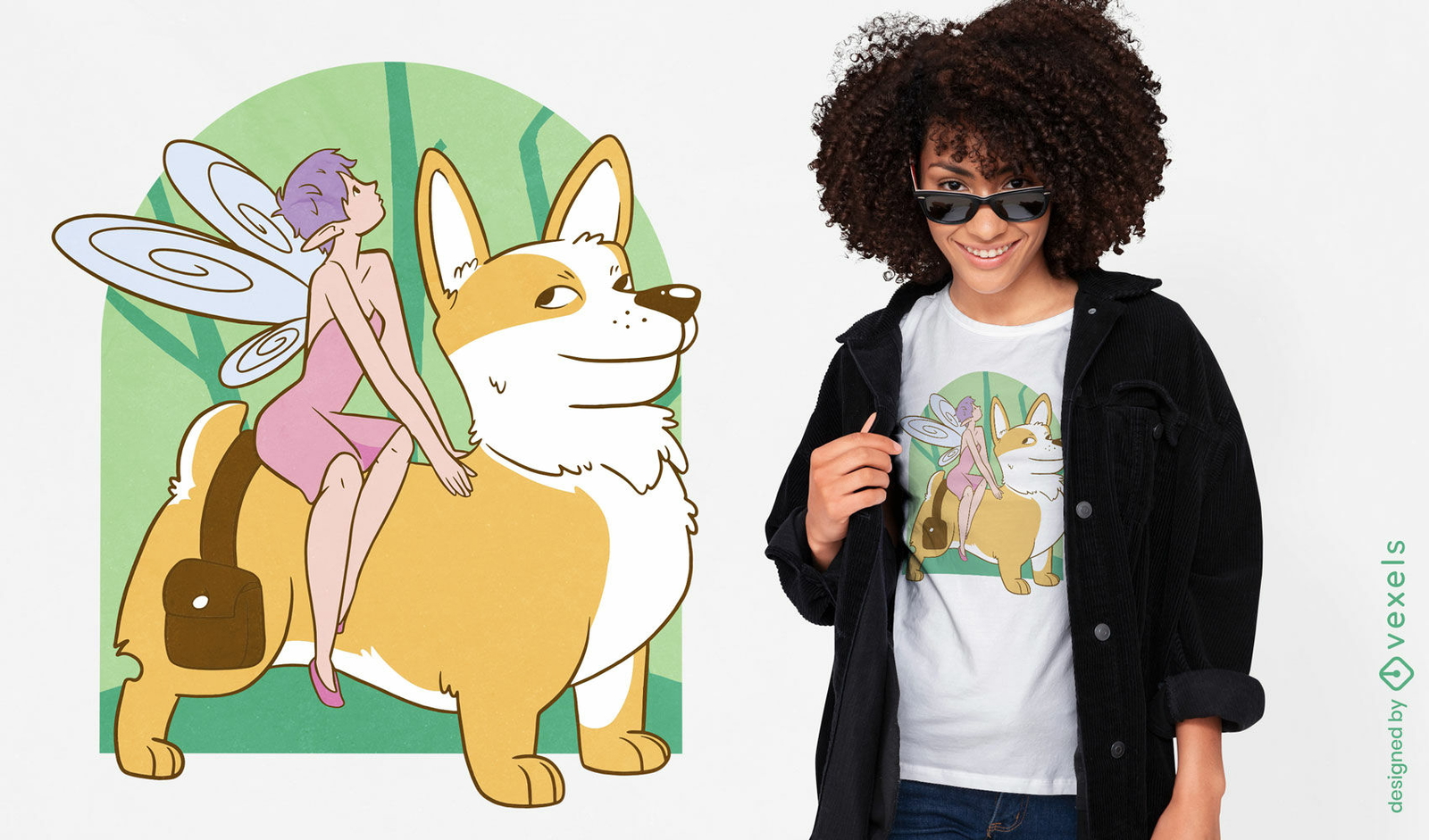 Diseño de camiseta de perro corgi de hadas montando