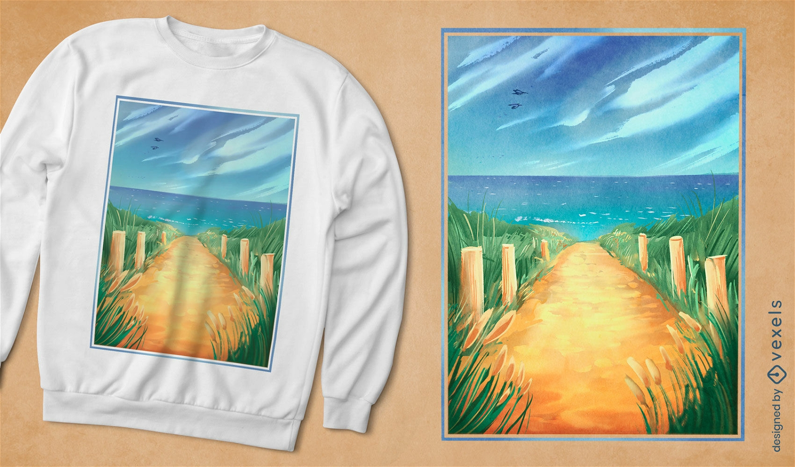 Diseño de camiseta de paisaje de camino de playa.