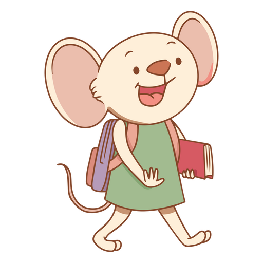 Rat?n de dibujos animados con mochila y libro. Diseño PNG