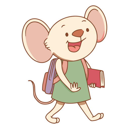 Ratón de dibujos animados con mochila y libro. Diseño PNG