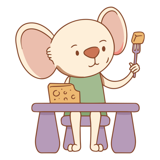 Ratón sentado en una mesa con un tenedor y queso Diseño PNG