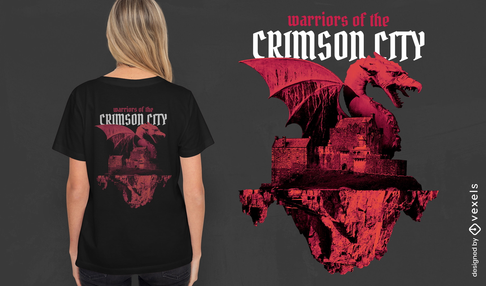 Criatura de dragão e design de camiseta da cidade