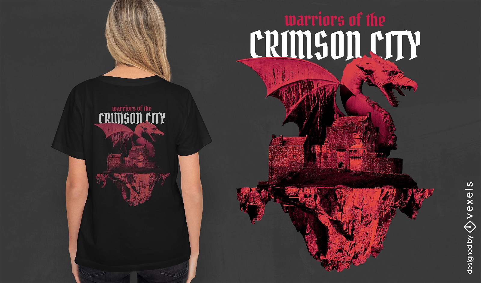 Diseño de camiseta de criatura dragón y ciudad.