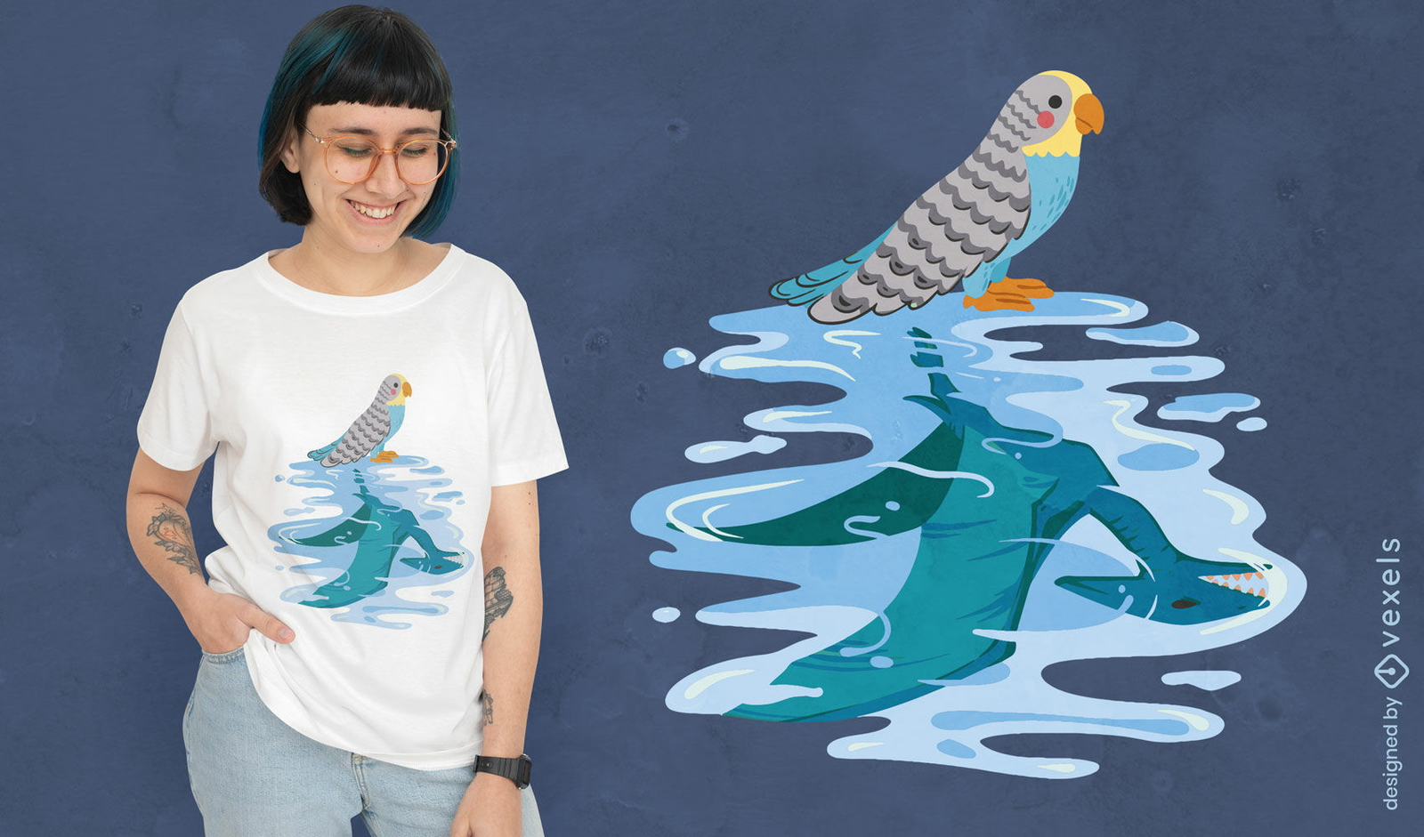 Bonito pássaro periquito e design de t-shirt de dinossauro