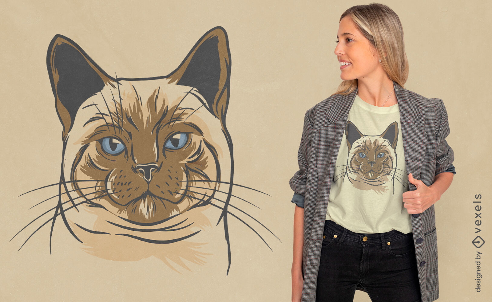 Diseño de camiseta con cabeza de gato siamés.