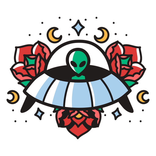 Tattoo of an alien in a spaceship with roses PNG Design