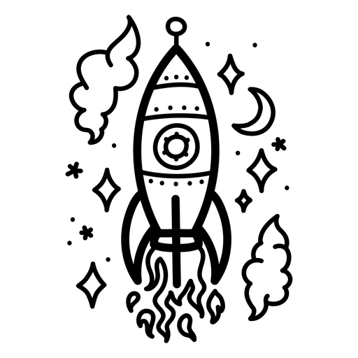Ilustração divertida de foguete com estrelas e nuvens Desenho PNG