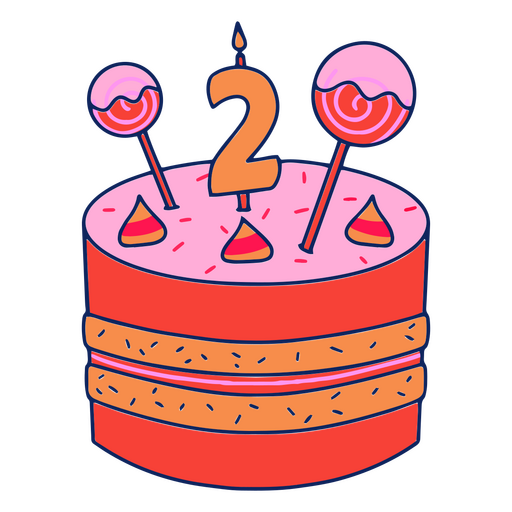 Tarta de cumpleaños con dos velas y piruletas. Diseño PNG