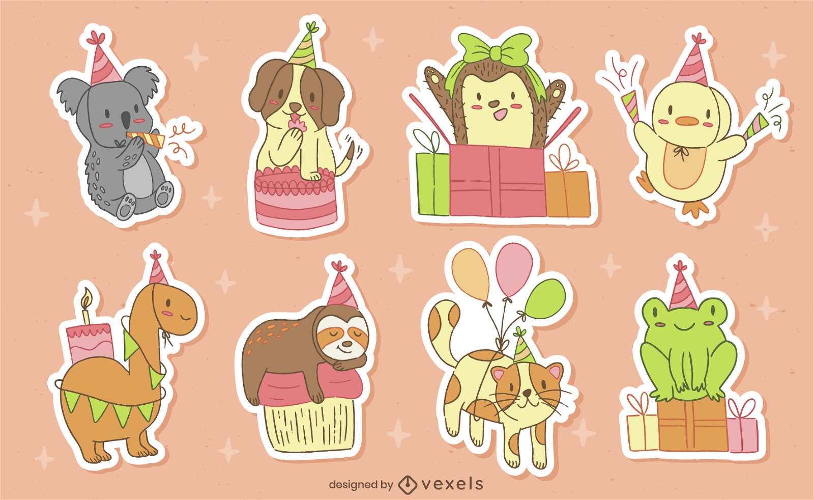 Cute birthday animals stickers set