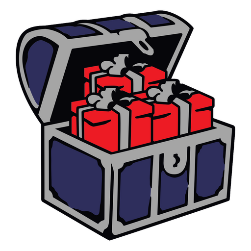 Cofre azul y rojo lleno de regalos. Diseño PNG
