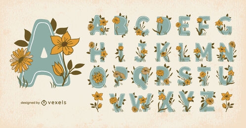 Conjunto de alfabeto de flores vintage