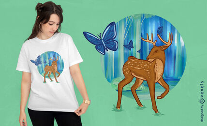 Cervos e borboletas em design de camiseta de floresta