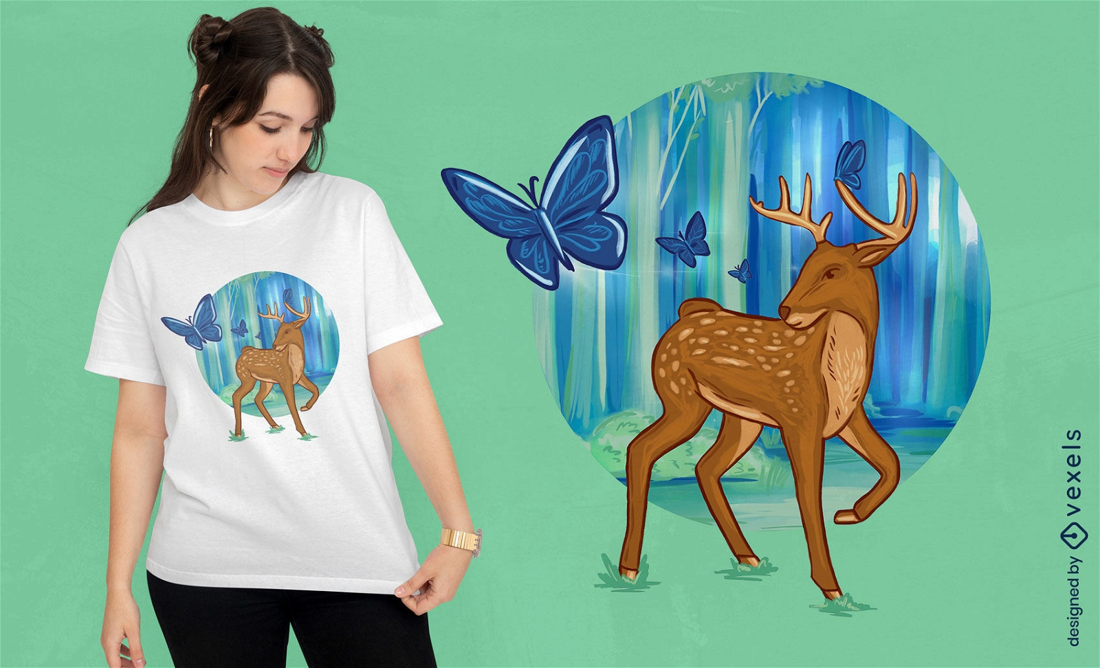 Diseño de camiseta de ciervos y mariposas en el bosque.