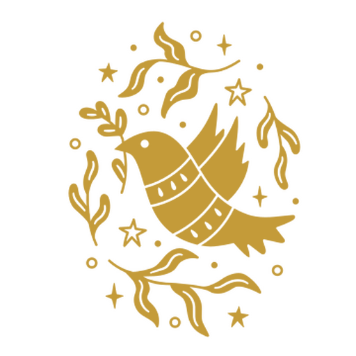 Pájaro dorado con hojas y estrellas. Diseño PNG