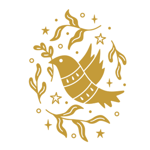 Pássaro dourado com folhas e estrelas Desenho PNG